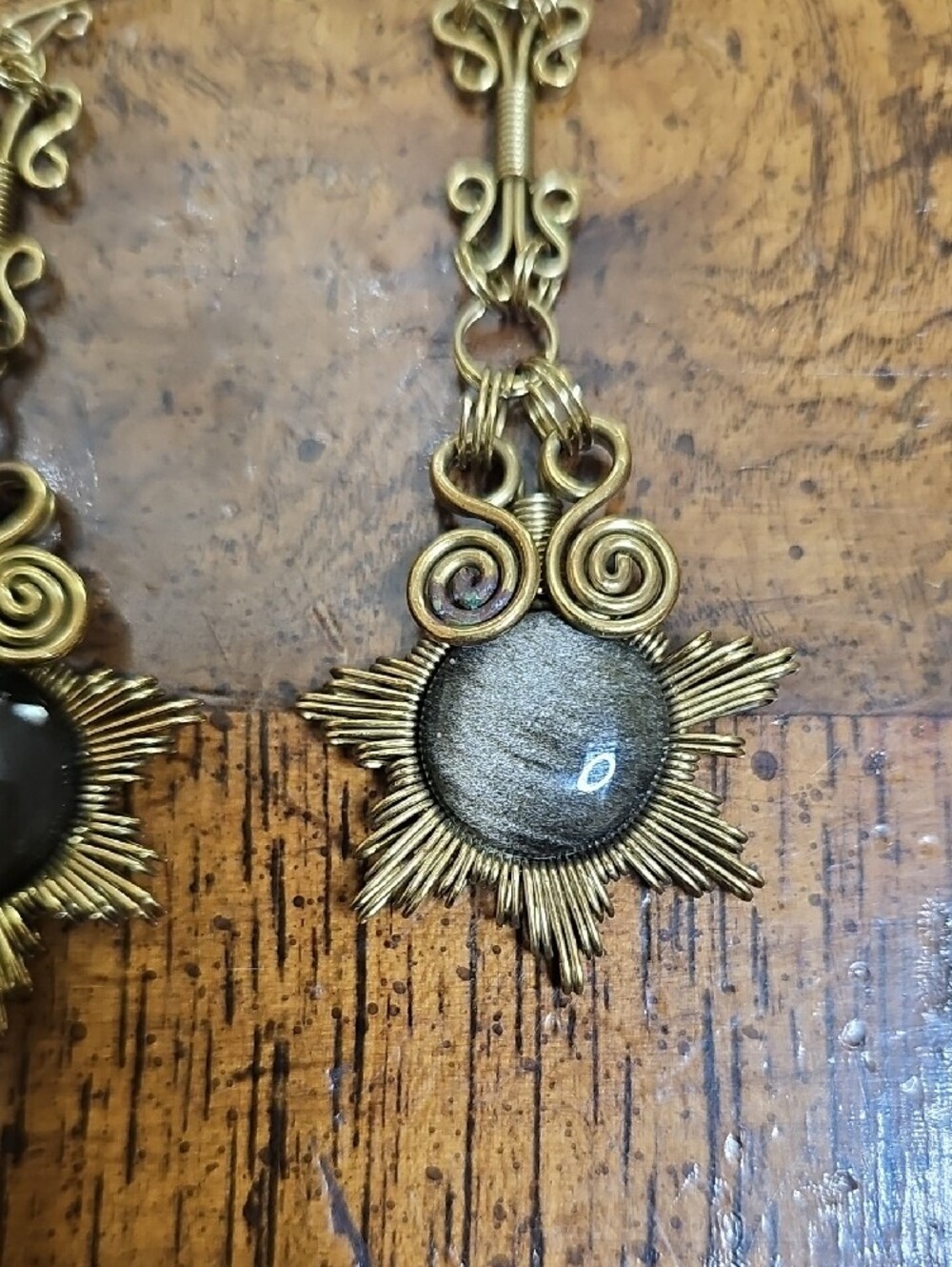 Gold-Tone Sunburst Dangle Earrings with Dark Gray Stone - Picture 4 of 7